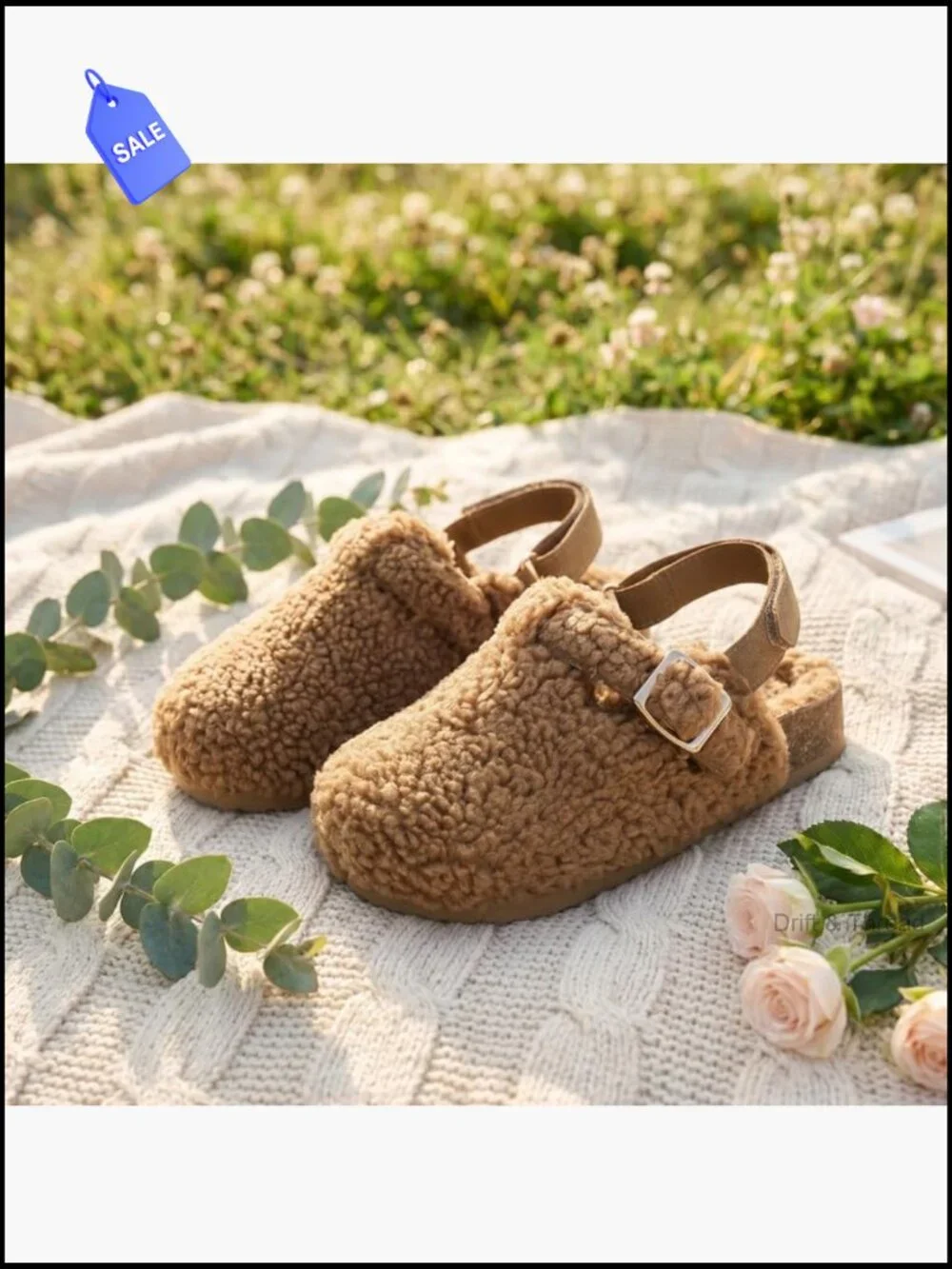 Girls Faux Shearling Clogs with Cork Footbed - Adjustable Buckle, Non-Slip Sole